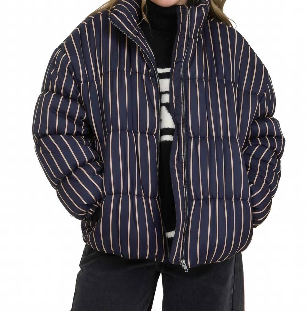 NEW BLU PEPPER women's striped high neck puffer jacket in navy